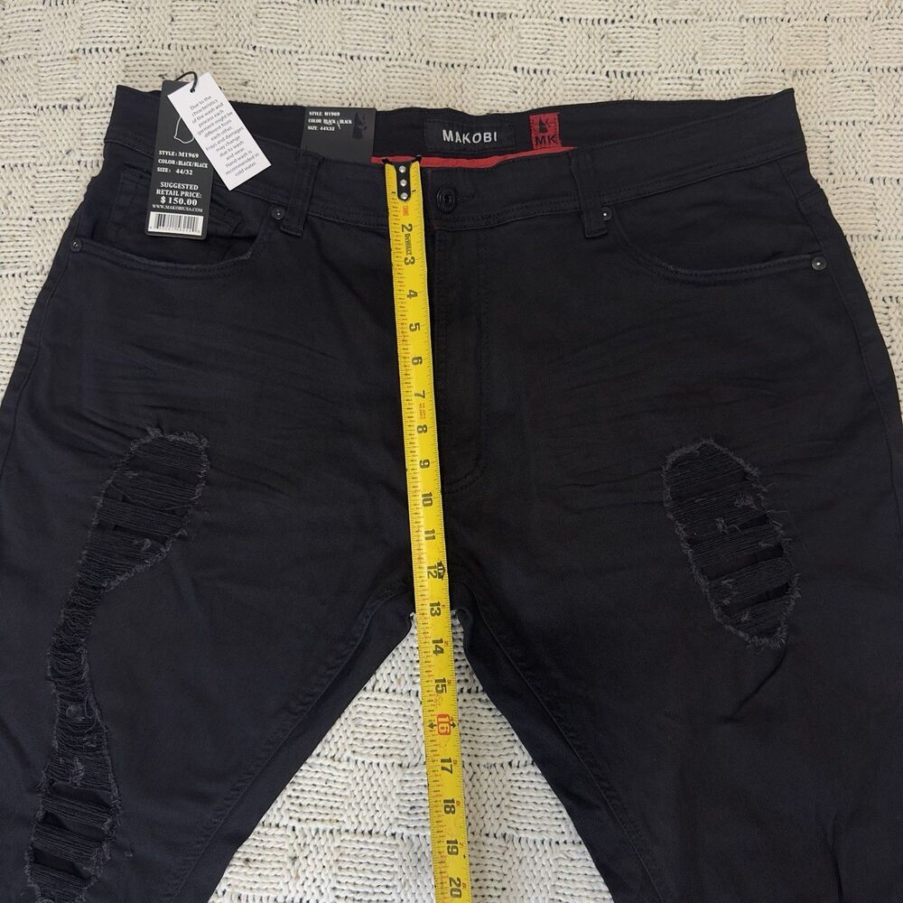 Makobi Men’s Jeans 44x32 Black Distressed Ripped Stretch Slim Fit NWT M1969 - Picture 7 of 11